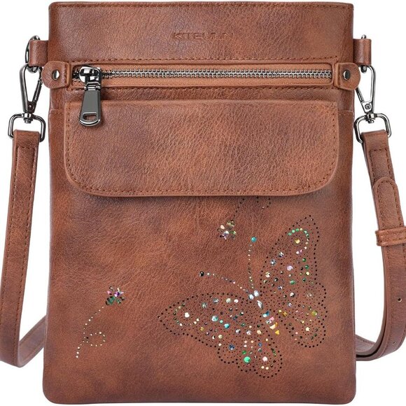 Versatile Women’s Crossbody Bag: Easy-Clean Vegan Leather with Butterfly Pattern - Picture 1 of 7